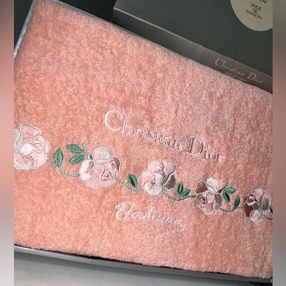 Christian Dior Peach Pink Floral Embroidered Bath Towel in Box